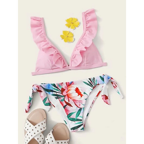 

Women's Basic Strap Halter Cheeky High Waist Tankini Swimwear Swimsuit - Floral Tropical Bow Print S M L Blushing Pink