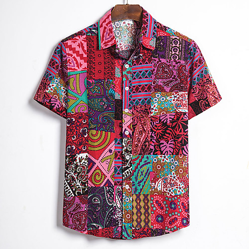 

Men's Geometric Tropical Leaf Print Shirt Hawaiian Going out Blue / Red / Short Sleeve