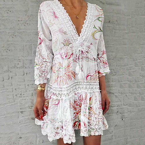 

Women's Shirt Dress - 3/4 Length Sleeve Floral Summer V Neck Casual 2020 White S M L XL XXL XXXL