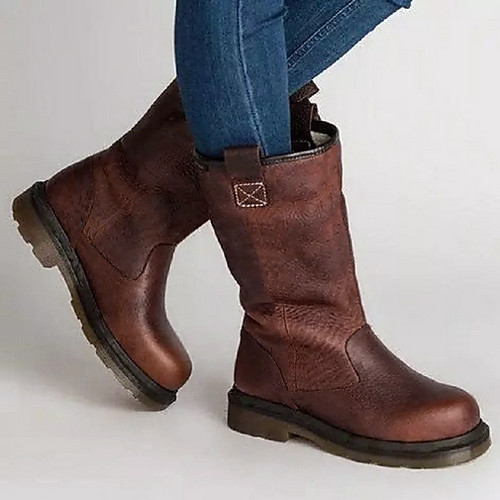 

Women's Boots Comfort Shoes Flat Heel Round Toe PU Mid-Calf Boots Fall & Winter Brown