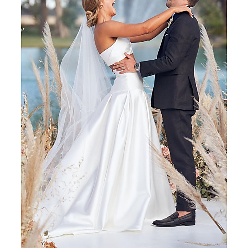 

Two Piece A-Line Wedding Dresses Strapless Sweep / Brush Train Chiffon Over Satin Sleeveless Beach Boho Sexy with 2021