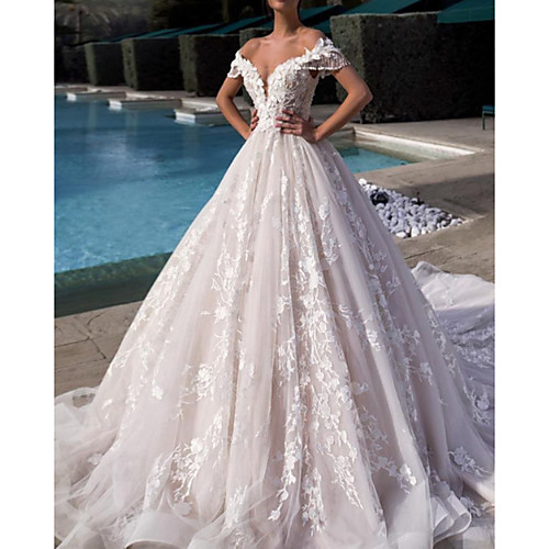 

Ball Gown A-Line Wedding Dresses Off Shoulder Court Train Lace Tulle Short Sleeve Vintage Sexy Wedding Dress in Color Backless with Tassel Embroidery Appliques 2020