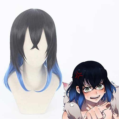 

Cosplay Wig Hashibira Inosuke Demon Slayer Curly Asymmetrical With Bangs Wig Long Black / Blue Synthetic Hair 14 inch Men's Anime Cosplay Cool Black Blue