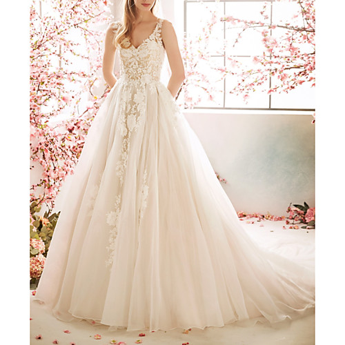 

A-Line Wedding Dresses V Neck Sweep / Brush Train Tulle Sleeveless Vintage Sexy Wedding Dress in Color See-Through Backless with Pleats Embroidery Appliques 2020