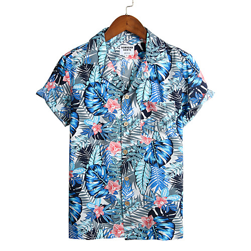 

Men's Floral Shirt - Cotton Tropical Hawaiian Holiday Beach Classic Collar Button Down Collar Light Blue / Short Sleeve