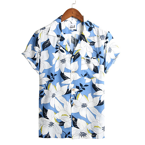 

Men's Floral Shirt - Cotton Tropical Hawaiian Holiday Beach Classic Collar Button Down Collar Light Blue / Short Sleeve