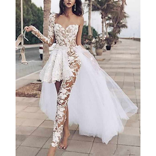 

Two Piece Jumpsuits Wedding Dresses One Shoulder Floor Length Lace Tulle Long Sleeve Beach Sexy See-Through with Pleats Embroidery Appliques 2020