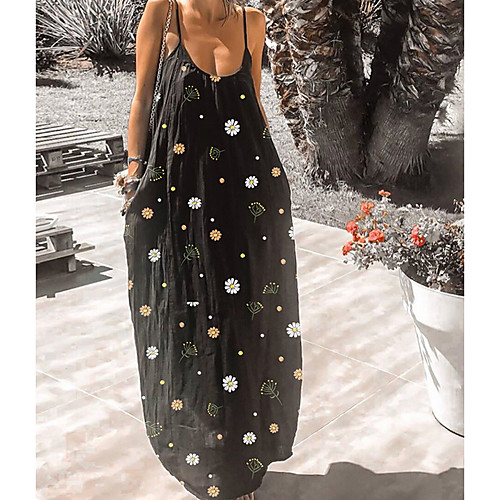 

Women's Strap Dress Maxi long Dress Black Sleeveless Daisy Floral Summer Hot Elegant 2021 S M L XL