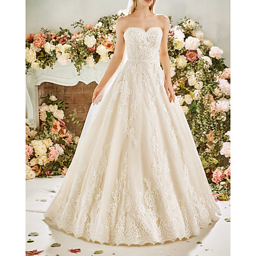 

A-Line Wedding Dresses Strapless Sweep / Brush Train Lace Tulle Sleeveless Vintage Sexy Wedding Dress in Color Backless with Pleats Embroidery 2020
