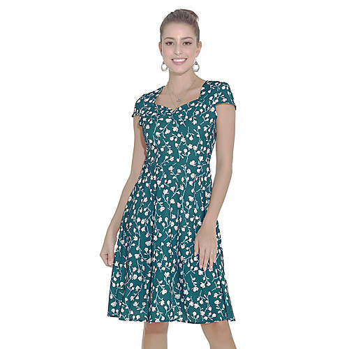 

Women's A-Line Dress Knee Length Dress - Short Sleeves Floral Zipper Print Spring Summer 1950s Vintage Party Daily Capped 2020 Black Green Light Blue S M L XL XXL