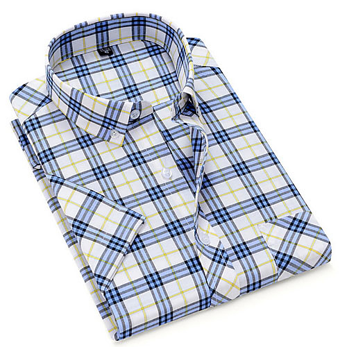 

Men's Plaid Print Shirt - Cotton Daily Button Down Collar Blue / Short Sleeve