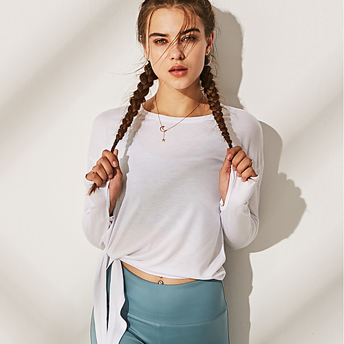 

Women's Yoga Top Thumbhole Split Solid Color White Dark Gray Elastane Running Fitness Gym Workout Tee / T-shirt Long Sleeve Sport Activewear Breathable Quick Dry Comfortable Stretchy