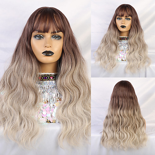 

Synthetic Wig Human Hair Lace Wig Matte Water Wave Minaj Neat Bang Wig Medium Length Light Brown Synthetic Hair 26 inch Women's Cute Sexy Lady curling White Ombre