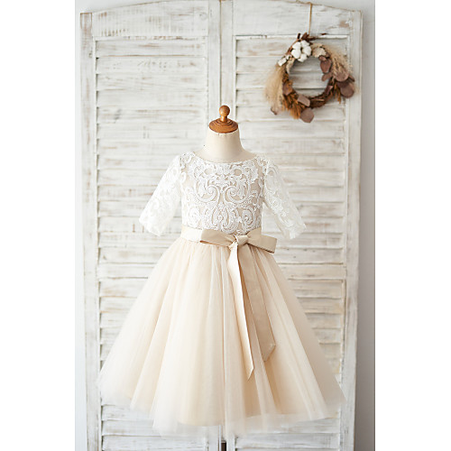 

Ball Gown Knee Length Wedding / Birthday Flower Girl Dresses - Lace / Tulle Half Sleeve Jewel Neck with Belt / Buttons