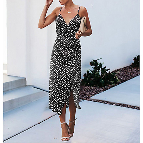 

Women's Maxi Sheath Dress - Sleeveless Polka Dot Strap Black Red S M L XL XXL