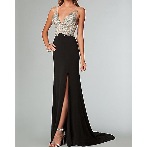 

Sheath / Column Color Block Sparkle Engagement Formal Evening Dress V Neck Sleeveless Sweep / Brush Train Spandex with Crystals Split 2020