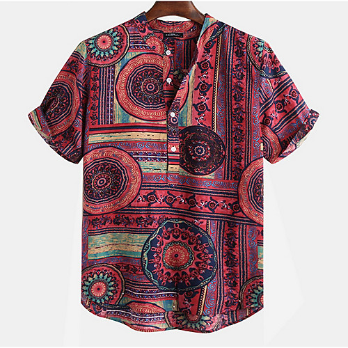 

Men's Geometric Shirt Daily Round Neck Button Down Collar Red / Yellow / Green / Short Sleeve