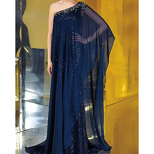 

Sheath / Column Elegant Minimalist Wedding Guest Formal Evening Dress One Shoulder Long Sleeve Sweep / Brush Train Chiffon with Pleats Beading 2020