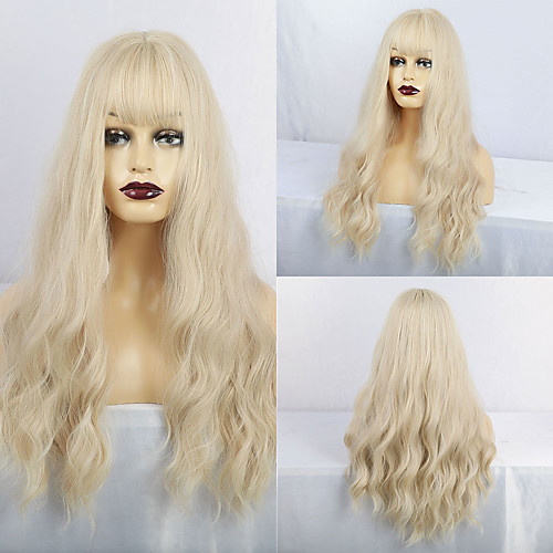 

Synthetic Wig Matte Water Wave Middle Part Neat Bang Wig Long Yellow Synthetic Hair 26 inch Women's Cute curling Fluffy Yellow