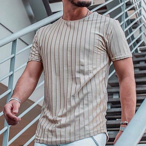 

Men's Striped Print Slim T-shirt Daily Round Neck Gray / Short Sleeve