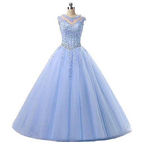 

Ball Gown Elegant Sparkle Engagement Prom Dress Illusion Neck Sleeveless Floor Length Organza with Pleats Crystals Appliques 2020