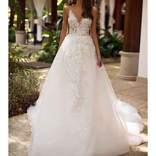 

A-Line Wedding Dresses V Neck Spaghetti Strap Sweep / Brush Train Lace Tulle Sleeveless Country See-Through with Embroidery 2020