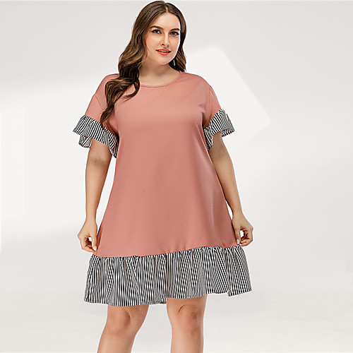 

Women's A Line Dress - Short Sleeves Striped Solid Color Patchwork Summer Casual Elegant Daily Going out Flare Cuff Sleeve 2020 Blushing Pink L XL XXL XXXL XXXXL