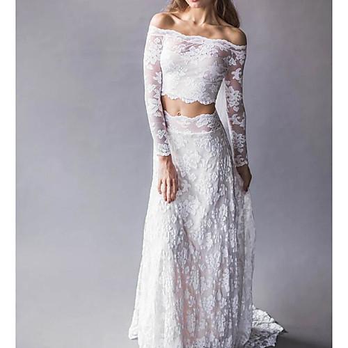 

Two Piece Wedding Dresses Off Shoulder Sweep / Brush Train Lace Long Sleeve Beach Boho Sexy See-Through with Embroidery 2020