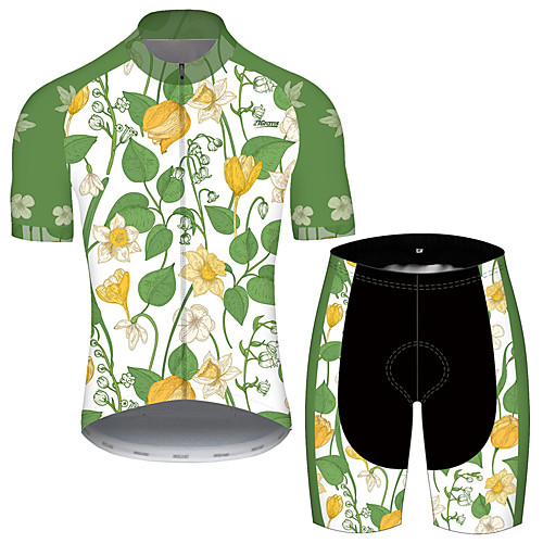 

21Grams Men's Short Sleeve Cycling Jersey with Shorts Green / Yellow Floral Botanical Bike UV Resistant Quick Dry Sports Patterned Mountain Bike MTB Road Bike Cycling Clothing Apparel / Stretchy