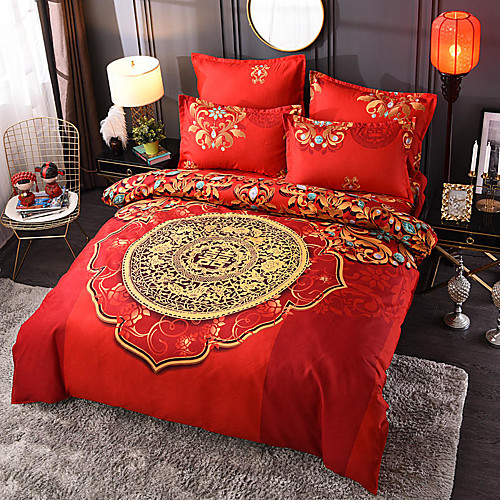 

4 Pieces Chinoiserie Red Duvet Cover Set Elegant Floral Pattern Brushed Comfortable Beddings
