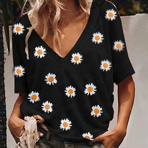 

Women's T-shirt Floral Daisy Tops V Neck Daily Summer Black Blue Yellow S M L XL 2XL 3XL 4XL