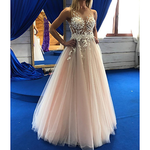 

A-Line Wedding Dresses Jewel Neck Floor Length Lace Tulle Sleeveless Sexy Wedding Dress in Color See-Through with Appliques 2020
