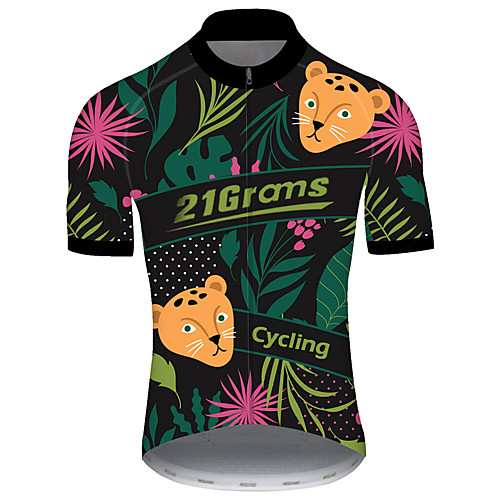 

21Grams Men's Short Sleeve Cycling Jersey Green / Yellow Leopard Animal Floral Botanical Bike Jersey Top Mountain Bike MTB Road Bike Cycling UV Resistant Breathable Quick Dry Sports Clothing Apparel