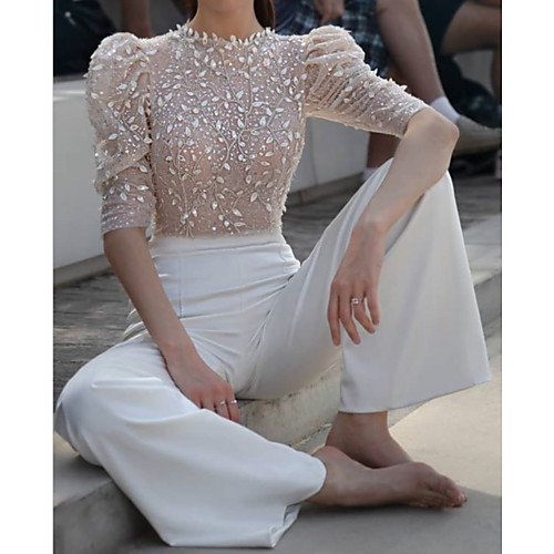 

Two Piece Jumpsuits Wedding Dresses Jewel Neck Floor Length Lace Satin Half Sleeve Casual See-Through with Beading 2020