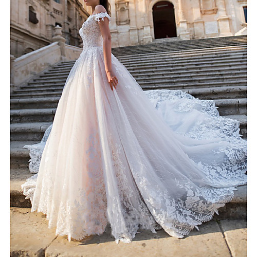 

A-Line Wedding Dresses Off Shoulder Court Train Lace Tulle Short Sleeve Country Sexy with Appliques 2020