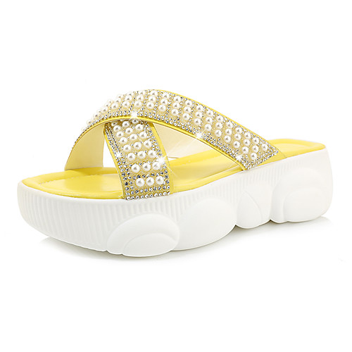 

Women's Slippers & Flip-Flops 2020 Spring & Summer Creepers Open Toe Casual Minimalism Party & Evening Beach Imitation Pearl Solid Colored PU White / Black / Yellow