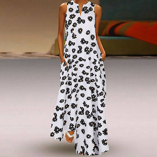

Women's Maxi Daisy A Line Dress - Sleeveless Floral Summer Fall V Neck Casual Street chic Daily Going out 2020 White Blue Light Green Light Blue S M L XL XXL XXXL XXXXL XXXXXL