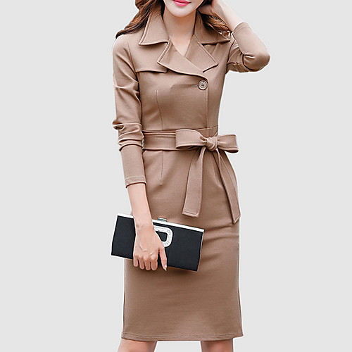 

Women's Shift Dress Knee Length Dress - Long Sleeve Solid Color Summer Casual Daily 2020 Camel S M L XL XXL XXXL