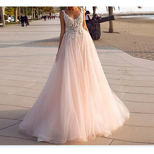 

A-Line Wedding Dresses V Neck Court Train Lace Tulle Sleeveless Country Beach Sexy Wedding Dress in Color with Embroidery 2020