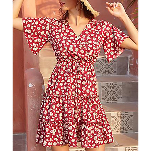 

Women's A Line Dress - Short Sleeves Color Block Summer V Neck Vintage Street chic 2020 White Black Red Yellow S M L XL