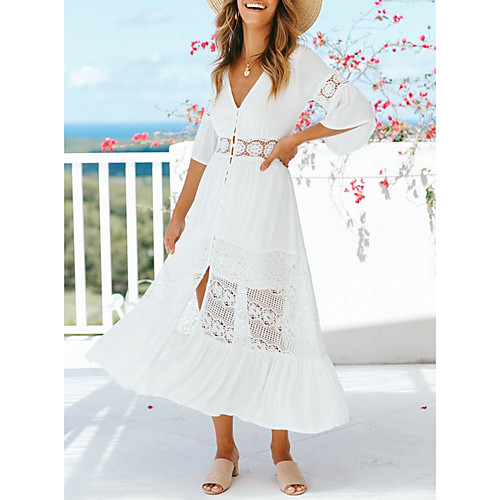 

Women's A Line Dress - Half Sleeve Solid Color Spring & Summer V Neck 2020 White S M L XL