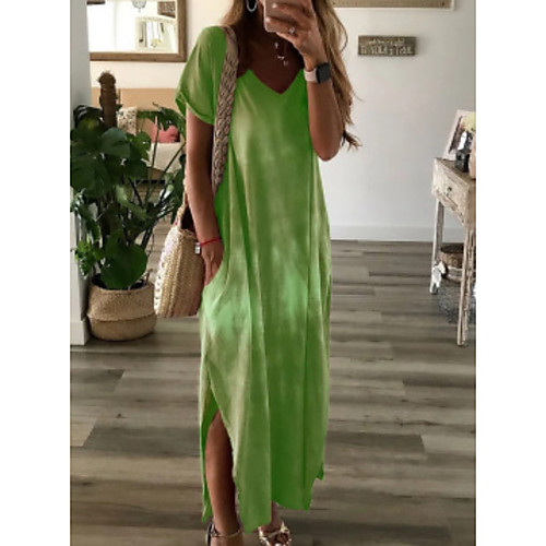 

Women's A-Line Dress Maxi long Dress - Short Sleeves Tie Dye Summer Casual Chinoiserie 2020 Yellow Khaki Green S M L XL XXL XXXL XXXXL XXXXXL