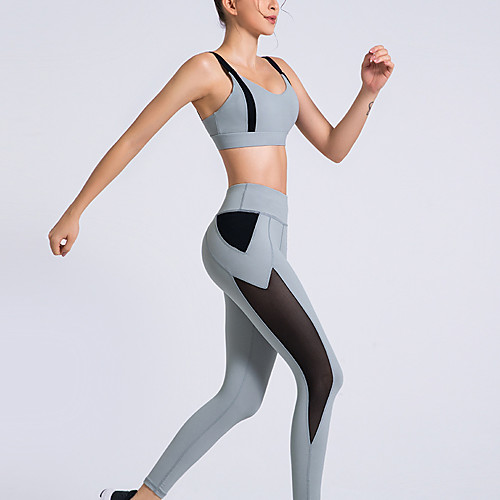 

Women's 2pcs Tracksuit Yoga Suit Solid Color Grey Khaki Blue Mesh Running Fitness Gym Workout High Waist Tights Leggings Bra Top Sport Activewear Breathable Tummy Control Butt Lift Moisture Wicking