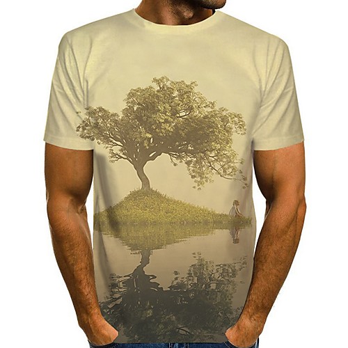 

Men's T shirt Graphic Scenery Short Sleeve Daily Tops White Yellow Khaki