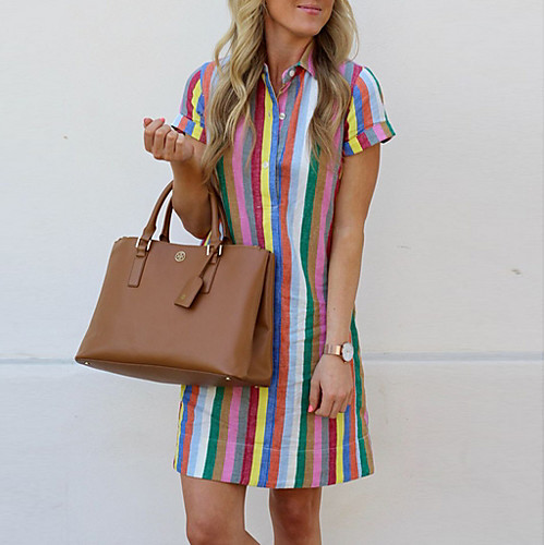 

Women's Shift Dress - Short Sleeves Color Block Summer Elegant 2020 Rainbow S M L XL