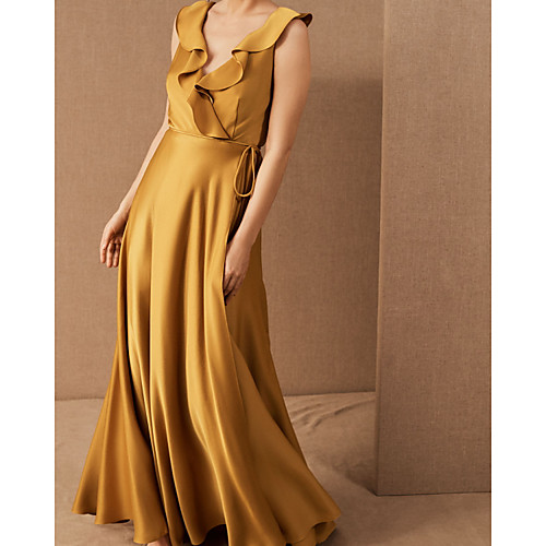 

Sheath / Column Elegant Minimalist Engagement Prom Dress V Neck Sleeveless Floor Length Stretch Satin with Pleats Ruffles 2020