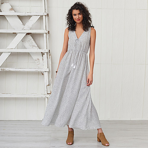 

Women's Swing Dress Maxi long Dress - Sleeveless Polka Dot Tassel Fringe Summer Elegant Holiday Going out 2020 White XS S M L XL