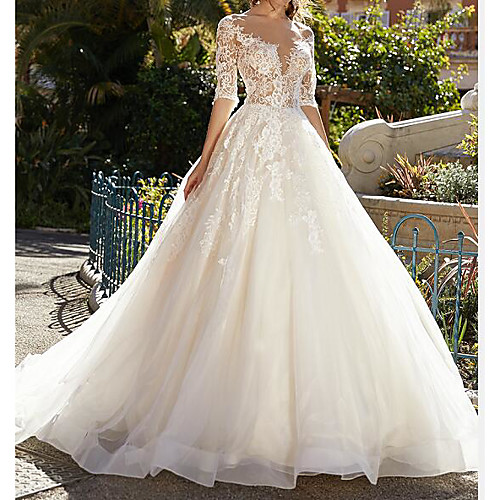 

Ball Gown Wedding Dresses Jewel Neck Sweep / Brush Train Lace Tulle Half Sleeve Formal Sexy See-Through with Embroidery 2020