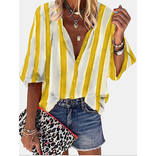 

Women's Tops Striped Shirt V Neck Daily Summer Wine Black Blue Yellow Blushing Pink S M L XL