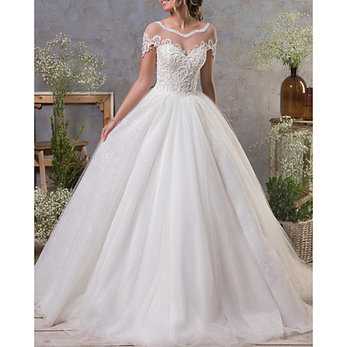

A-Line Wedding Dresses Jewel Neck Court Train Lace Tulle Short Sleeve Vintage Sexy See-Through Backless with Pleats 2020